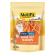 Verpackung für Katzenleckerlis mit einer roten Katze, mit dem Produktnamen "Huhn mit Shrimps" deutlich angezeigt.