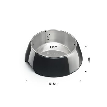 Schwarze Futterschüssel für Haustiere mit einem Edelstahl-Innenraum, mit einem Durchmesser von 11 cm und einer Höhe von 4 cm, beschriftet mit "lionto".