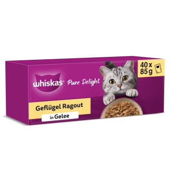 Lila Whiskas Pure Delight Katzenfutterkarton mit grauer Katze und Schüssel; beschriftet ‚Geflügel Ragout in Gelee‘ und ‚40 x 85 g‘