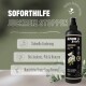 Eine Sprühflasche beschriftet mit "ALPHAZOO Beauty Brandlöscher" für Haustiere, bietet Linderung bei Juckreiz und Pilzen mit natürlichen Inhaltsstoffen.