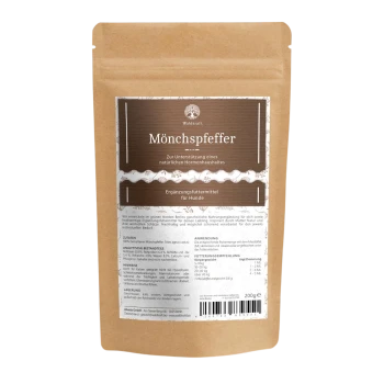 Brauner Kraftbeutel mit Aufschrift 'Waldkraft Mönchspfeffer' — Ergänzungsfuttermittel für Hunde, 200 g.