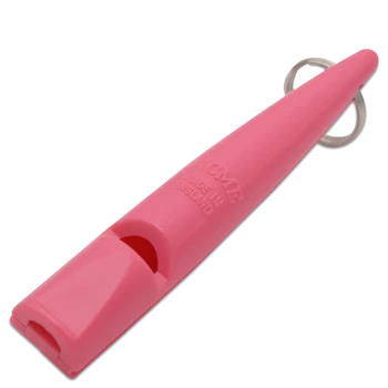 Pinkfarbige ACME Hundetrainingspfeife mit Metallring, hergestellt in England, verwendet für das Training von Haustieren.