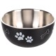 Bol de nourriture pour animaux de compagnie noir avec un intérieur en acier inoxydable, décoré de pattes et de motifs d'os en bleu clair.