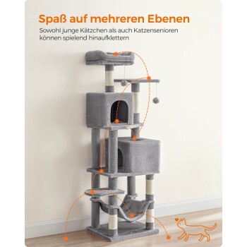 Grauer mehrstöckiger Katzenbaum mit Plattformen, einer Hängematte und einem gemütlichen Versteck, mit verspielten Designelementen und Text in deutscher Sprache.