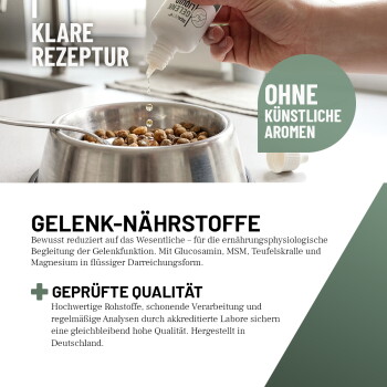Eine Nahaufnahme einer Person, die einen weißen Hund streichelt, mit einem verschwommenen Hintergrund und Textüberlagerung: "MIT EXPERTEN ENTWICKELT."