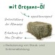 Heuballen mit Text zu den Vorteilen von Oreganoöl: Appetitsteigerung, Atemunterstützung, Erhaltung der Heustruktur und Staub-/Schimmelreduktion.