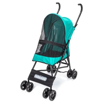 Haustierwagen in Teal und Schwarz mit einem Netzdach, ausgestattet mit vier Rädern und einem Noblezza-Logo an der Unterseite.