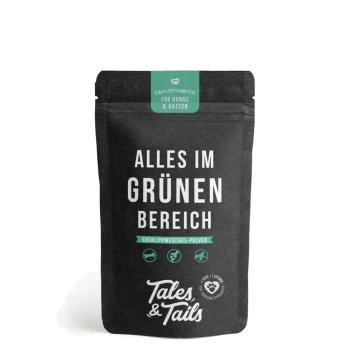 Schwarzer Beutel Tales & Tails Grünlippmuschel-Pulver für Hunde und Katzen mit deutschem Text.