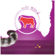 Der gestreifte Schwanz einer Katze ist links sichtbar, mit einem lila Hintergrund, der eine rote Kuhsilhouette und den Text "mit Rind" zeigt.