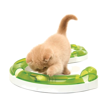 Ein verspieltes hellorangefarbenes Kätzchen interagiert mit einem grünen und weißen runden Katzenspielzeug, das sich auf einen versteckten Ball im Inneren konzentriert.