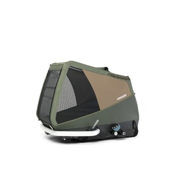 Eine grüne und braune Tragetasche für Haustiere mit Netzpaneelen zur Belüftung, mit dem Markennamen "CROOZER" an der Seite.