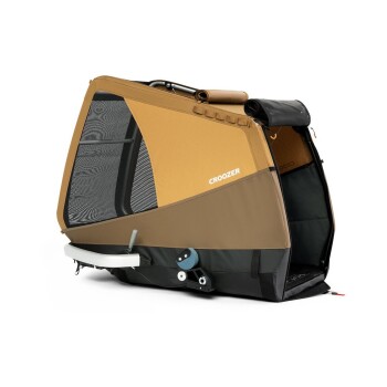 Eine braune und beige Haustiertrage mit Netzpaneelen, mit dem Markennamen "CROOZER" deutlich angezeigt.