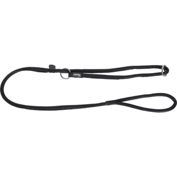 Zwarte leren hondenlijn met een metalen ring en een lus handvat, met een klein logo label.