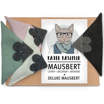 Katzenminze-Maus-Spielzeuge in Grün, Rosa, Weiß und Schwarz mit Filzohren, präsentiert auf einer Schachtel mit der Aufschrift "Kater Kasimir Mausbert Deluxe Mausbert."