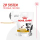 Royal Canin dog treats package featuring a Dalmatian, highlighting a zip system for resealing, 230g, compatible with urinary S/O diets.