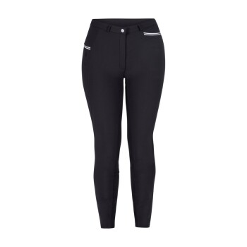 Schwarze, enganliegende Leggings mit Knopfverschluss und weißen Akzentstreifen an den Taschen, vor einem schlichten Hintergrund präsentiert.