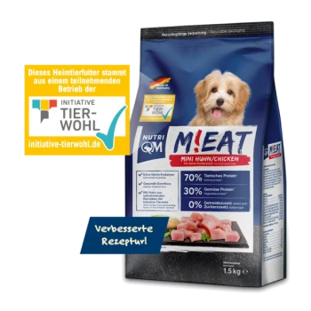 Blau-schwarze Tüte NUTRI QM M!EAT Mini Chicken Hundefutter, 1,5 kg, mit 70 % tierischem Protein und 30 % pflanzlichem Protein.