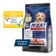 Blau-schwarze Tüte NUTRI QM M!EAT Mini Chicken Hundefutter, 1,5 kg, mit 70 % tierischem Protein und 30 % pflanzlichem Protein.