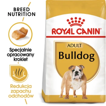 Torba z jedzeniem dla dorosłych psów Royal Canin Bulldog z wizerunkiem buldoga, z tekstem podkreślającym odżywianie rasy i redukcję zapachów.