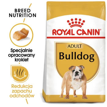 Torba z jedzeniem dla dorosłych psów Royal Canin Bulldog z wizerunkiem buldoga, z tekstem podkreślającym odżywianie rasy i redukcję zapachów.