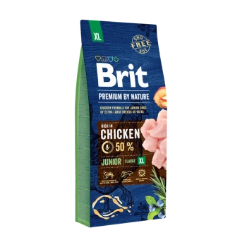Hundefutterbeutel mit der Aufschrift "Brit Premium by Nature," mit einer Hühnerformel für Juniorhunde großer Rassen, 50% Hühneranteil.