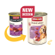 Zwei Dosen Animonda GranCarno Senior Hundefutter, altes und neues Design, mit Rind und Lamm sowie einem Bild eines Golden Retrievers.