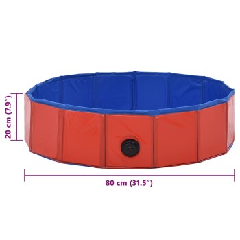 Ein runder Spielbereich für Haustiere mit roten und blauen Paneelen, mit einem Durchmesser von 80 cm und einer Höhe von 20 cm, mit einem schwarzen Ventil zum Aufblasen.