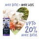 Flasche Bugalugs Maxi White Shampoo mit lila Kappe, mit einem Hundegrafik und dem Text "UP TO 20% MORE BATHS".