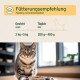Eine getigerte Katze sitzt neben einer Futterschüssel, mit einem Fütterungsdiagramm darüber, das Empfehlungen für ein Gewicht von 3-5 kg und 200-400 g täglich zeigt.