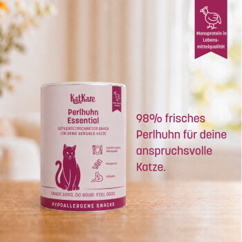 Deutsche Anzeige 'Nur Gutes drin für deine Katze' mit Icons und Perlhuhn Essential rosa Dose, beschriftet 'HYPOALLERGENE SNACKS'