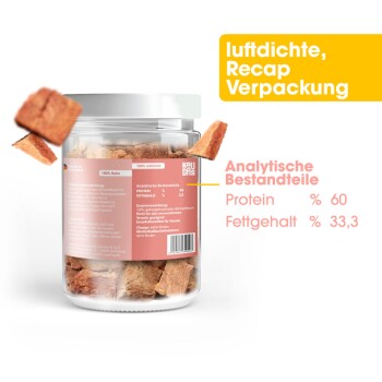 Ein transparenter Behälter mit Hundeleckerlis, mit Fleischstücken darüber, beschriftet mit "100% natürlich" und "Analytische Bestandteile" mit 60% Protein und 33,3% Fett.