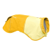 Eine gelbe und hellgelbe Hundejacke mit reflektierenden Streifen, mit dem Markennamen "RUFFWEAR" an der Seite.
