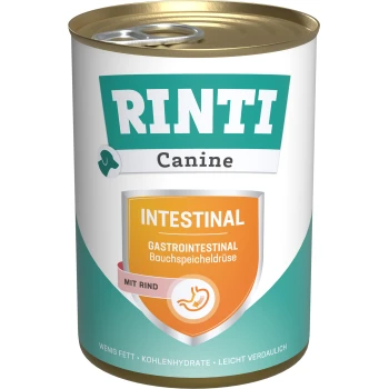 Puszka karmy dla psów RINTI Canine Intestinal, z turkusowym i białym wzorem oraz pomarańczową etykietą z napisem "Gastrointestinal" i "Mit Rind."