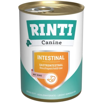 RINTI Canine Intestinal Hundefutterdose, mit einem türkis-weißen Design und einem orangefarbenen Etikett mit der Aufschrift "Gastrointestinal" und "Mit Rind."