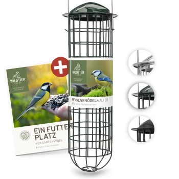 Ein grüner Drahtgitter-Vogelfutterspender für verschiedene Meisen, mit einem Heftchen mit dem Titel "Ein Futter Platz für Gartenvögel."