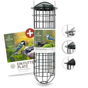 Ein grüner Drahtgitter-Vogelfutterspender für verschiedene Meisen, mit einem Heftchen mit dem Titel "Ein Futter Platz für Gartenvögel."