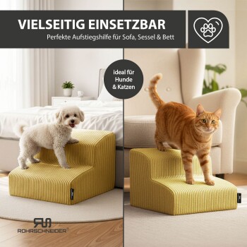 Gelbe, gerippte Haustierstufen mit kleinem weißen Hund und orange getigertem Kater; sichtbarer Text 'VIELSEITIG EINSETZBAR'.