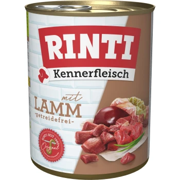 Rinti Kennerfleisch Dosenfutter für Hunde mit Lamm, getreidefrei, mit Fleisch- und Leberstücken auf dem Etikett.