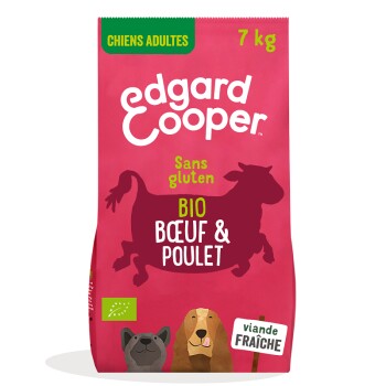 Sac de nourriture pour chien d'Edgard Cooper, 7 kg, sans gluten, contenant du bœuf et du poulet bio, avec des illustrations d'un chien et d'un chat.