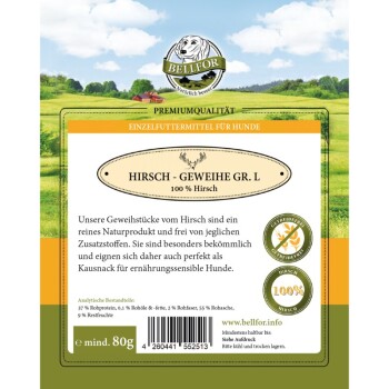 Etikett für Bellfor Premium-Qualität Hundeleckerli aus 100% Hirschgeweih, mit Nährwertinformationen und einem Naturproduktanspruch.