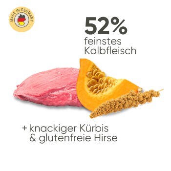 Bild von Zutaten für Haustierfutter mit 52 % feinem Kalbfleisch, einem Stück Kürbis und glutenfreier Hirse, mit Text, der die Zutaten hervorhebt.