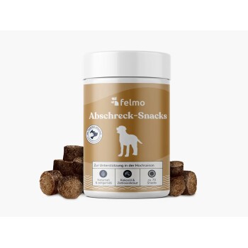 Glas mit Felmo Abschreck-Snacks für Hunde, braunes Etikett mit weißer Hundesilhouette und pelletartigen Snacks; Text: „Zur Unterstützung in der Hochsaison“.