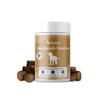 Glas mit Felmo Abschreck-Snacks für Hunde, braunes Etikett mit weißer Hundesilhouette und pelletartigen Snacks; Text: „Zur Unterstützung in der Hochsaison“.