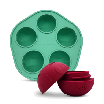 Grüne Silikonform mit sechs Mulden, geprägt mit 'SmoothieDog', und zwei weinroten Silikonhälften einer Leckerkugel für Hunde.