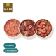 Drei Schüsseln mit rohem Tierfleisch und Innereien, Verpackungssymbol "12,4 kg", Abzeichen mit der Aufschrift "11 x Fleisch" und "14 x Innereien".