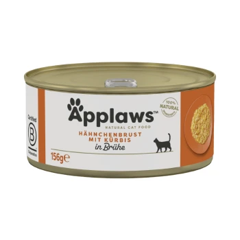 De la nourriture en conserve pour chat par Applaws, avec du blanc de poulet et de la citrouille dans un bouillon, 156g, étiquetée comme contenant 100% d'ingrédients naturels.