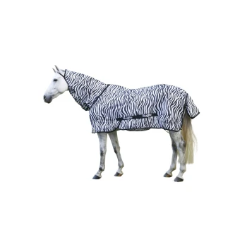 Ein weißes Pferd, das eine schwarz-weiß gestreifte Decke mit passender Kapuze trägt, vor einem weißen Hintergrund stehend.