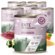 Dosen mit Haustierfutter mit der Aufschrift "ENTE MIT AMARANTH an Zucchini & Aprikose" mit Zutaten wie Ente, Zucchini und Aprikose, jeweils 800g.