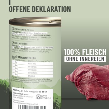 Dose mit Hundefutter mit dem Etikett "100% Fleisch ohne Innereien", mit Nährwertangaben und Fütterungsempfehlungen.
