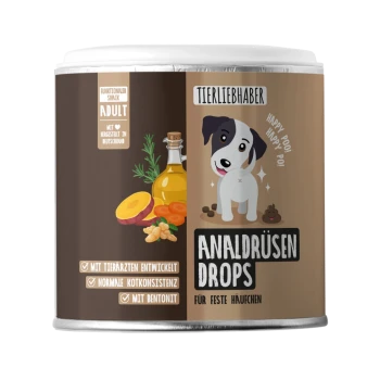 Runde Dose mit der Aufschrift 'Tierliebhaber Analdrüsen Drops' zeigt einen Cartoon-Hund, Abbildungen von Früchten und Öl sowie den deutschen Text 'für feste Häufchen'.